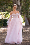 Pink Tulle A Line Long Sleeves Floor Length Prom Dresses With Lace Appliques, PL792