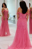 Pink Tulle Mermaid Off-The-Shoulder Prom Dresses With Lace Appliques, PL588 | new arrival prom dress | prom dresses near me | evening gown | promnova.com
