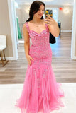 Pink Tulle Mermaid Off-The-Shoulder Prom Dresses With Lace Appliques, PL588