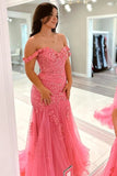 Pink Tulle Mermaid Off-The-Shoulder Prom Dresses With Lace Appliques, PL588 | evening dresses | long formal dress | party dress | promnova.com