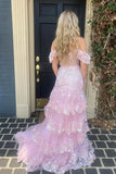 Pink Tulle Tiered Mermaid Off the Shoulder Sequin Lace Long Prom Dresses, PL776 | party dress | lace prom dress | sexy prom dress | promnova.com