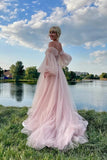 Princess Pink A Line Tulle Off-the-Shoulder Puff Sleeves Long Prom Dresses, PL777 image 4
