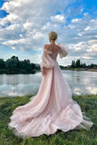Princess Pink A Line Tulle Off-the-Shoulder Puff Sleeves Long Prom Dresses, PL777 image 1