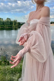 Princess Pink A Line Tulle Off-the-Shoulder Puff Sleeves Long Prom Dresses, PL777 image 2