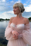 Princess Pink A Line Tulle Off-the-Shoulder Puff Sleeves Long Prom Dresses, PL777 image 3