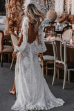 Tulle Sheath Long Sleeve V Neck Lace Appliques Boho Wedding Dresses, PW456 image 2