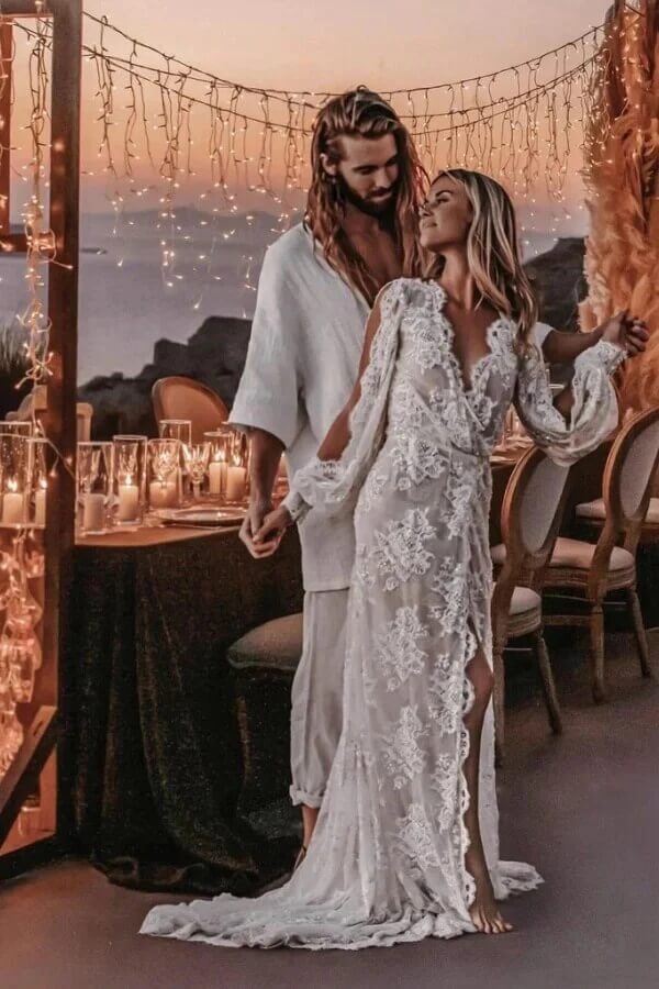 long sleeve v neck boho wedding dress Tulle Sheath Long Sleeve V Neck Lace Wedding Dresses, PW456