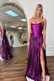 Purple Satin A Line Strapless Pleated Long Prom Dresses With Slit, PL661 image 2