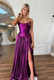 Purple Satin A Line Strapless Pleated Long Prom Dresses With Slit, PL661 image 1