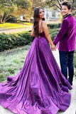 Purple Satin A Line V Neck Backless Long Prom Dresses With High Slit, PL595 | cheap prom dress | evening dresses | party dress | promnova.com