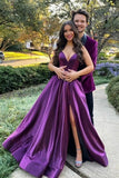 Purple Satin A Line V Neck Backless Long Prom Dresses With High Slit, PL595
