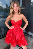 Red A Line Lace Sequines Strapless Short Homecoming Dress With Bow, PH466 | short homecoming dresses | where to buy homecoming dress near me | red homecoming dress | promnova.com