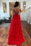 Red Chiffon Tiered A Line Strapless Long Prom Dresses With Slit, Party Dress, PL762 | long formal dress | evening  gown | sexy prom dress | promnova.com