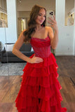 Red Chiffon Tiered A Line Strapless Long Prom Dresses With Slit, Party Dress, PL762 | beaded prom dress | sparkly prom dress | long prom dresses online | promnova.com