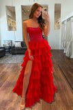 Red Chiffon Tiered A Line Strapless Long Prom Dresses With Slit, Party Dress, PL762 | prom dress red | prom dress shops near me | chiffon prom dress | promnova.com