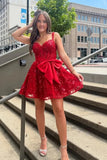 Red Lace Sequins A Line Short Homecoming Dresses, Graduation Dresses, PH470 | cheap homecoming dresses online | lace homecoming dress | short party dress | promnova.com