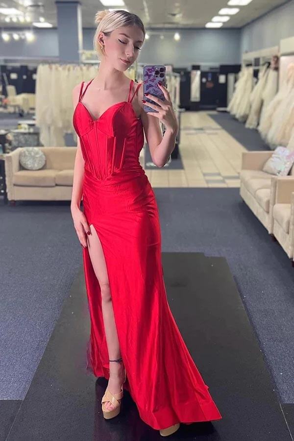 Red Mermaid Corset Spaghetti Straps Prom Dress With Slit, Party Dress, PL570 image 1