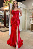 Red Mermaid Ruched Satin Strapless Long Prom Dresses With Side Slit, PL604