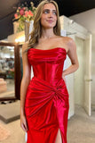 Red Mermaid Ruched Satin Strapless Long Prom Dresses With Side Slit, PL604 image 3