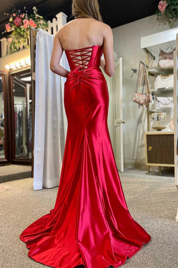 Red Mermaid Ruched Satin Strapless Long Prom Dresses With Side Slit, PL604 image 2