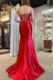 Red Mermaid Ruched Satin Strapless Long Prom Dresses With Side Slit, PL604 image 2