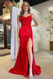 Red Mermaid Spaghetti Straps Lace up Prom Dress With Lace Appliques, PL571