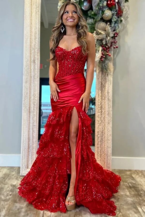 Red Mermaid Strapless Pleated Layered Prom Dresses, PL677 Red Mermaid Strapless Pleated Layered Prom Dresses, PL677