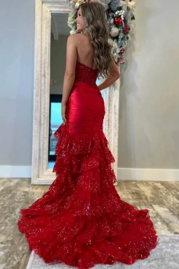 Red Mermaid Strapless Pleated Layered Prom Dresses, PL677 | Promnova Red Mermaid Strapless Pleated Layered Prom Dresses, PL677 | Promnova