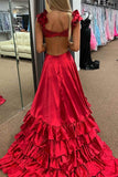 Red Satin Cross Top Ruffled Straps Pleated Prom Dresses With Slit, Party Dress, PL787 image 2