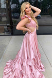 Red Satin Cross Top Ruffled Straps Pleated Prom Dresses With Slit, Party Dress, PL787 image 4