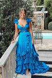 Red Satin Cross Top Ruffled Straps Pleated Prom Dresses With Slit, Party Dress, PL787 image 5