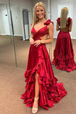 Red Satin Cross Top Ruffled Straps Pleated Prom Dresses With Slit, Party Dress, PL787