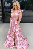 Red Satin Cross Top Ruffled Straps Pleated Prom Dresses With Slit, Party Dress, PL787 image 3