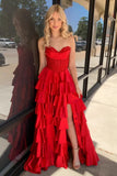 Red Satin Layered Strapless Long Prom Dresses With Lace, Party Dresses, PL742