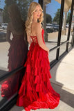 Red Satin Layered Strapless Long Prom Dresses With Lace, Party Dresses, PL742 image 2