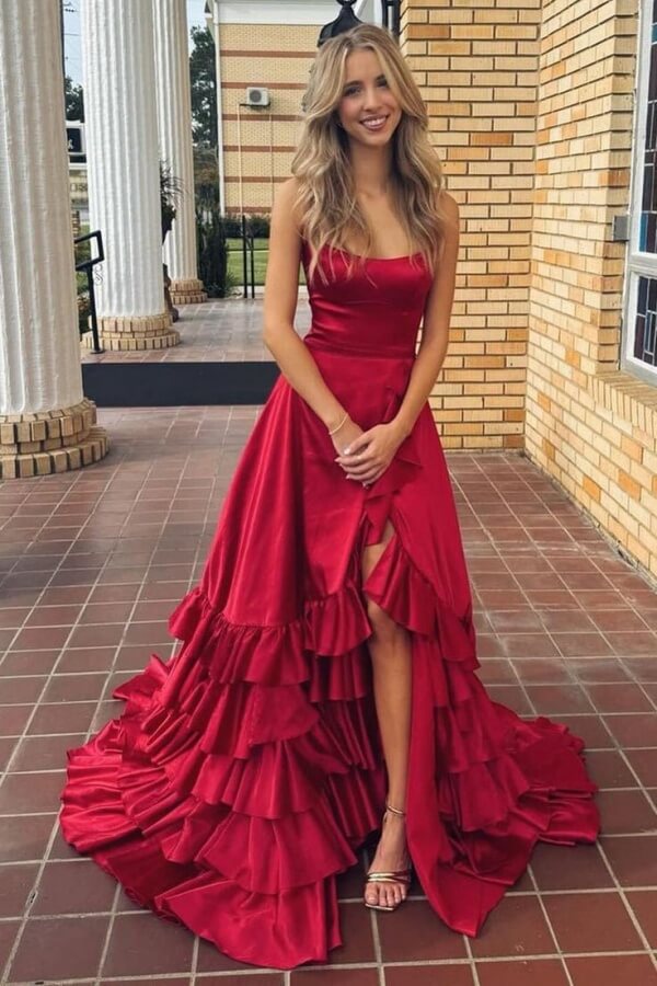 Red Satin Tiered Scoop A Line Prom Dresses With Slit, PL729