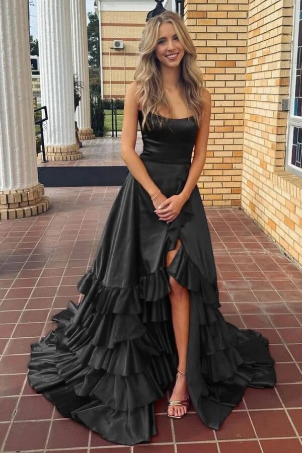 Red Satin Tiered Scoop A Line Prom Dresses With Slit, PL729 | Promnova US0 / Black Red Satin Tiered Scoop A Line Prom Dresses With Slit, PL729 | Promnova US0 / Black