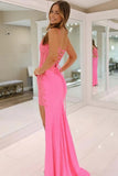 Red Satin V Neck Mermaid Lace Appliques Long Prom Dresses, Evening Dress, PL736 image 4