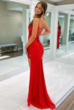 Red Satin V Neck Mermaid Lace Appliques Long Prom Dresses, Evening Dress, PL736 image 2