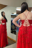 Red Tulle A-line Spaghetti Straps Prom Dresses With Lace Appliques, PL608 | lace prom dress | long formal dress | new arrival prom dress | promnova.com
