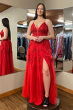 Red Tulle A-line Spaghetti Straps Prom Dresses With Lace Appliques, PL608
