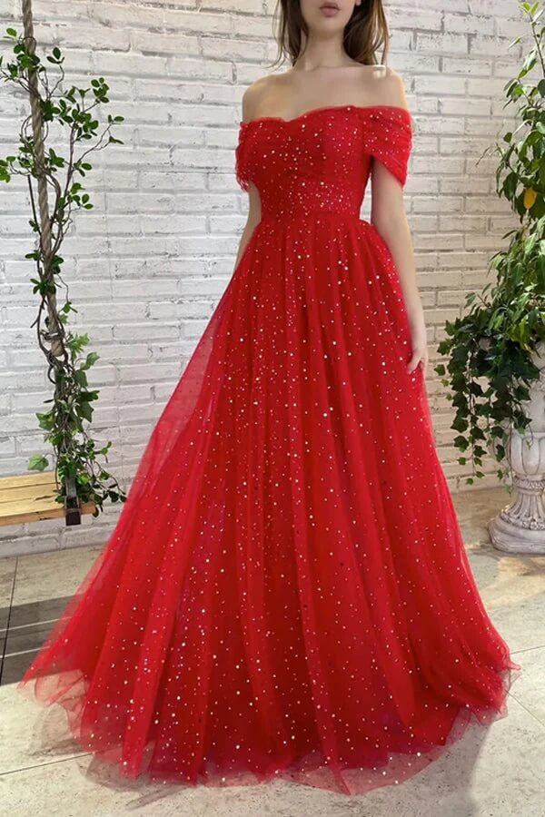 Red Tulle A Line Off-the-Shoulder Simple Prom Dresses PL559