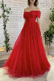 Red Tulle A Line Off-the-Shoulder Simple Prom Dresses, Red Party Dresses, PL559