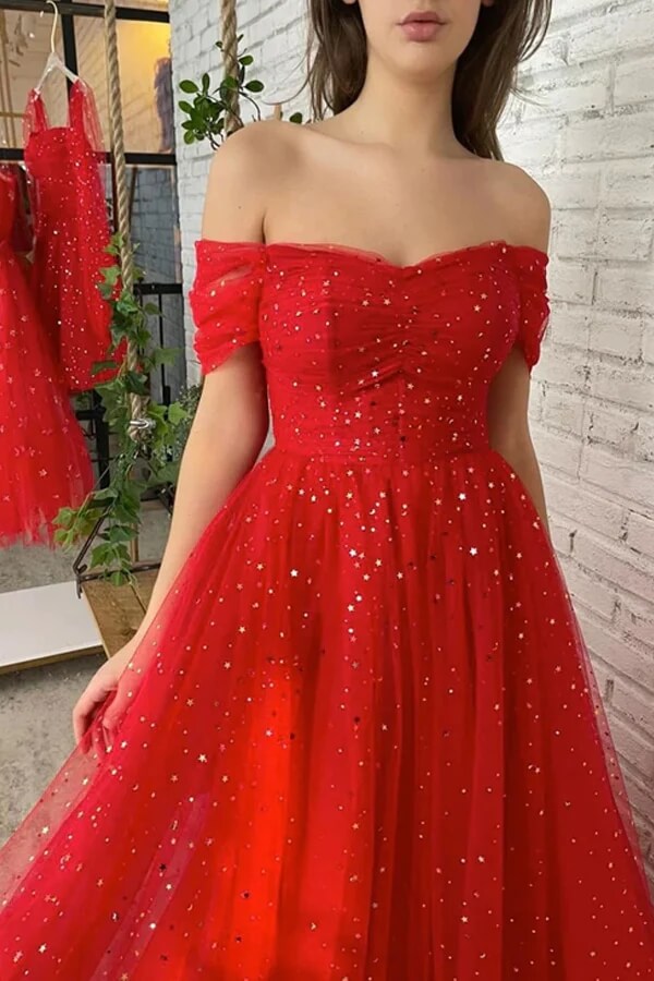 Red Tulle A Line Off-the-Shoulder Simple Prom Dresses, Red Party Dresses, PL559 | prom dress stores | prom dresses online | evening gown | promnova.com