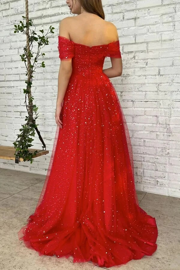 Off Shoulder Long A-line Red Lace Prom Dresses, Formal Dresses