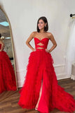 Red Tulle A Line Strapless Layers Bows Prom Dresses With Slit, Party Dress, PL627 | red prom dress | long formal dress | party dress | promnova.com