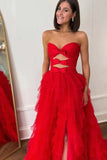 Red Tulle A Line Strapless Layers Bows Prom Dresses With Slit, Party Dress, PL627 | new arrival prom dress | evening gown | prom dress shops | promnova.com