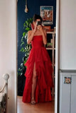 Red Tulle A Line Strapless Simple Long Prom Dress With Slit, Party Dresses, PL733