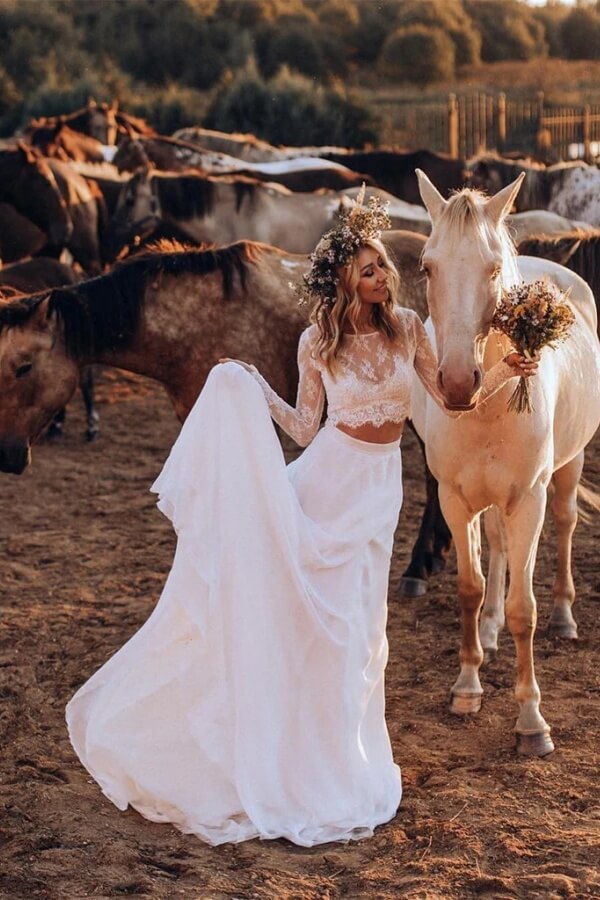 Romantic Two Piece Long Sleeves Lace Wedding Dresses, PW452 | Promnova US14 / Custom Color Romantic Two Piece Long Sleeves Lace Wedding Dresses, PW452 | Promnova US14 / Custom Color