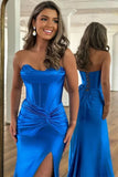 Royal Blue Mermaid Corset Sweetheart Long Prom Dresses With Slit, PL602 image 3